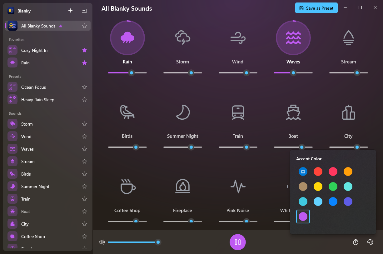 The accent color picker open over the mixer, with a purple accent selected.