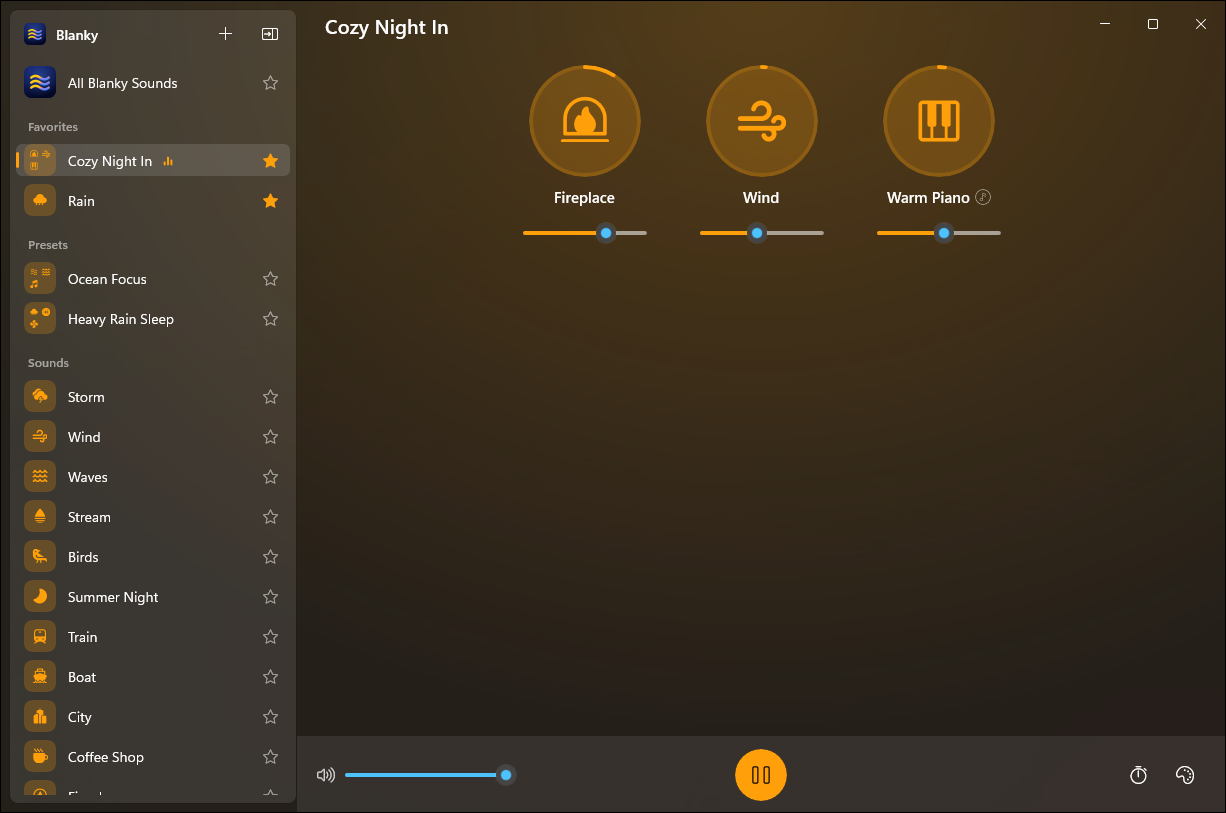 The Cozy Night In preset with Fireplace, Wind and Warm Piano playing in an orange accent.