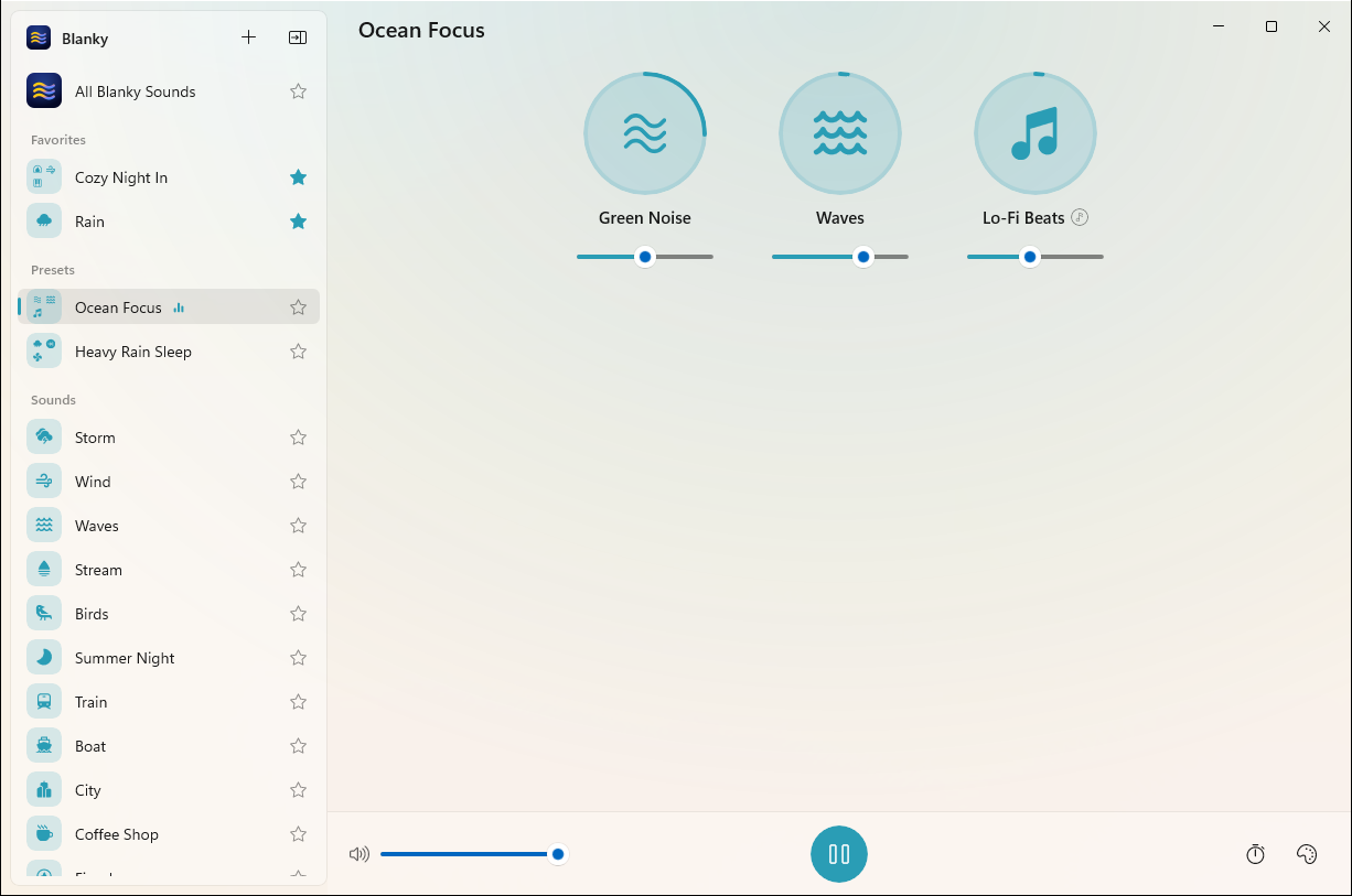 Blanky in light mode with the Ocean Focus preset in a teal accent, and presets and favorites in the sidebar.