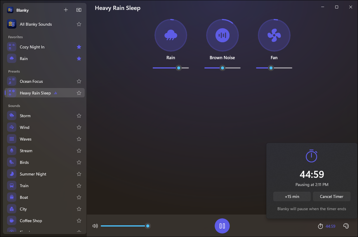 The sleep timer panel showing 44:59 remaining, pausing at a set time.